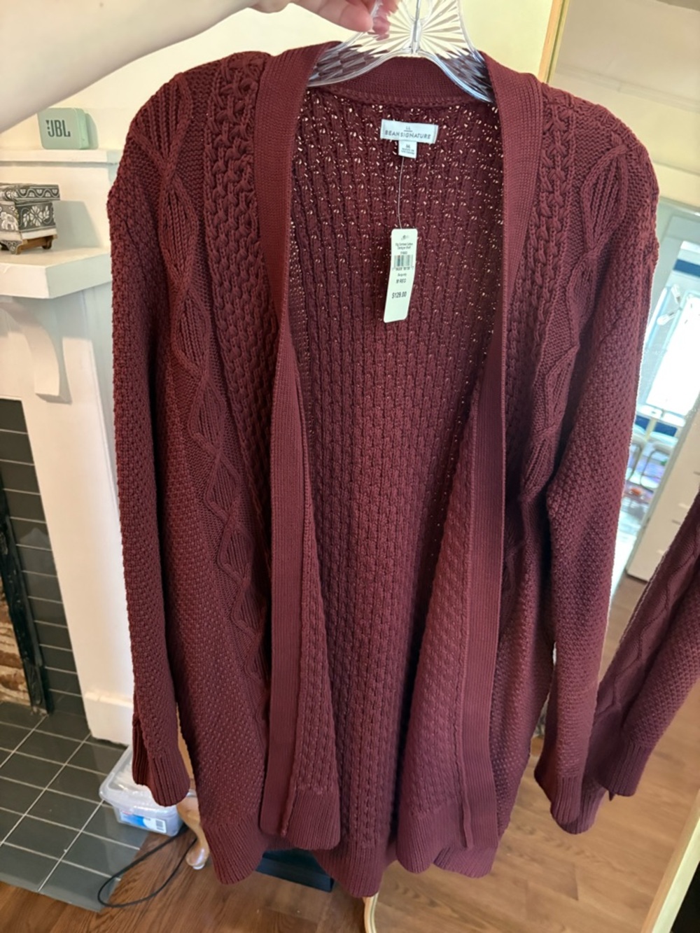LL Bean Signature Cable-Knit Open-Front Cardigan - Burgundy 100% Cotton